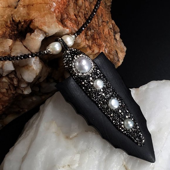 Genuine Pearl Arrow Pendant Silver Crystals Necklace Unique Designer Jewelry - Picture 6 of 8